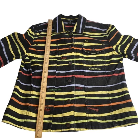 Unique Denim Jacket Womens Medium Black Multicolor Striped Embroidered Happiness - Picture 4 of 16